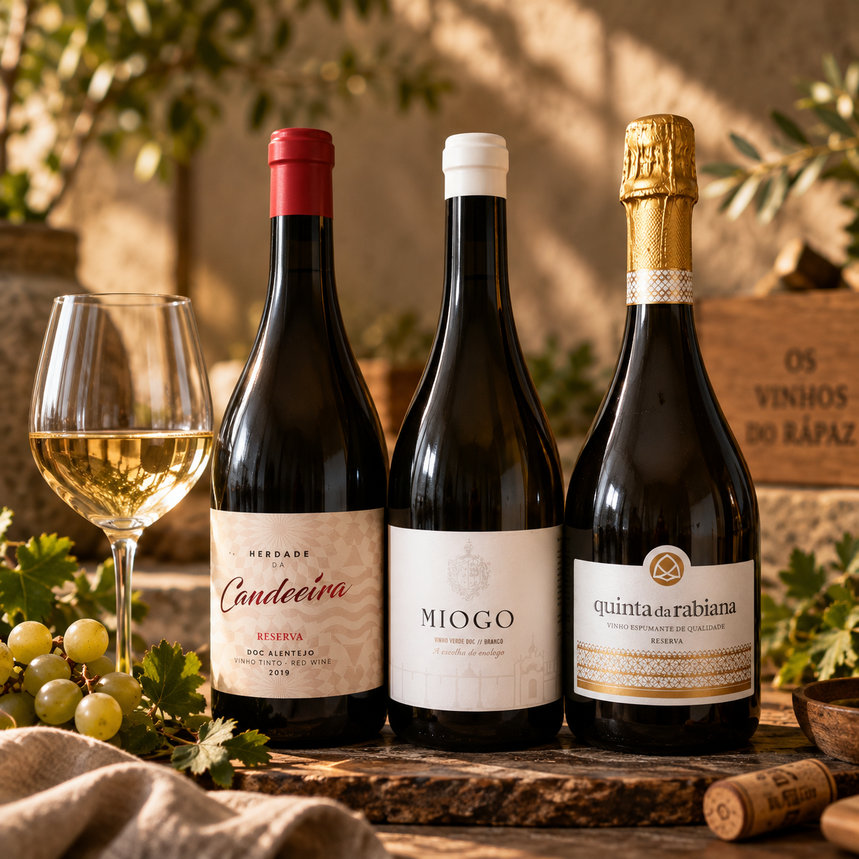 Vinho branco português servido com uvas